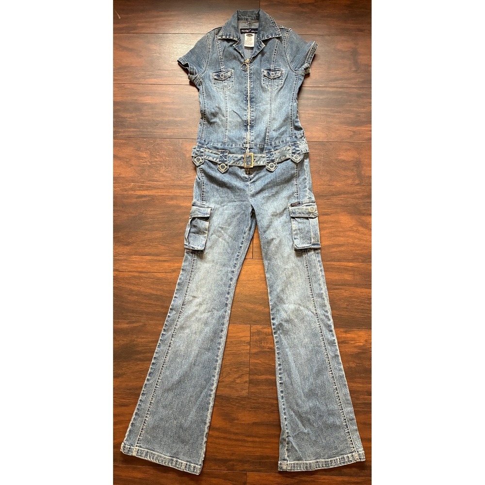 Revolt Jeans Co Womens S Denim Cargo Jumpsuit Belted Flare Leg Y2K Utility